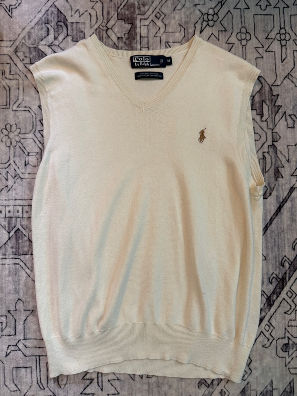 Polo Ralph Lauren 100%Pima Cotton Sweater Vest Mens Sz M Ivory Brown Pony V Neck